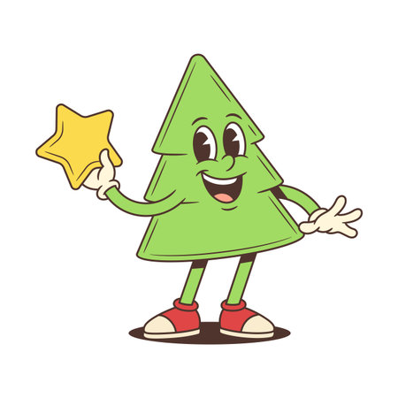 A friendly cartoon Christmas tree character mascot vector illustration. The smiling tree is holding a golden star and waving. Perfect for holiday branding, festive decorations, and seasonal promotionsのイラスト素材