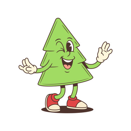 Funny cartoon Christmas tree character mascot dancing in red sneakers. Holiday vector illustration features winking green fir with smile and open hand for winter seasonal design greetings.のイラスト素材