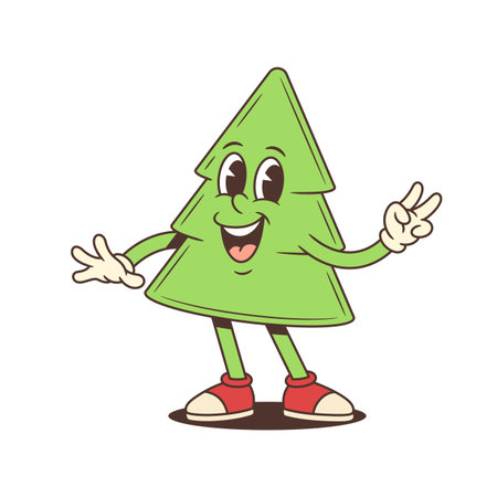 Funny cartoon Christmas tree character or festive holiday mascot with victory hand gesture. Cheerful winter vector illustration wearing red sneakers. Isolated for seasonal graphic design projectsのイラスト素材