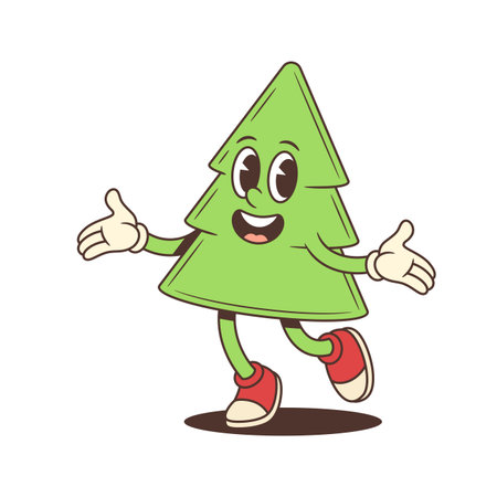 Christmas tree cartoon character vector illustration. Classic rubber hose style character posing with open arms, wearing gloves and red shoes. Winter holiday greeting, festive announcementのイラスト素材
