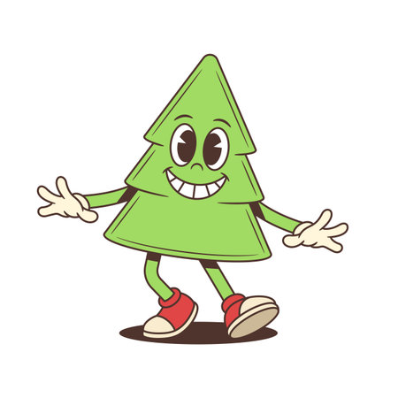 Cartoon character mascot vector illustration of green Christmas tree waving hand with happy smile wearing red sneakers and white gloves, festive, cheerful, greeting, joyful, holiday, winter moodのイラスト素材