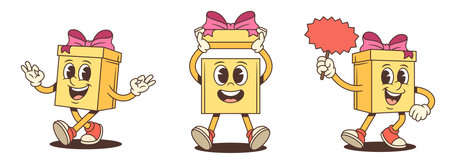 Three cheerful cartoon gift box characters mascot vector illustration set. Showing OK gesture holding red tag and lifting box lid. Playful poses for advertising promotion theme Fun engaging collectionのイラスト素材