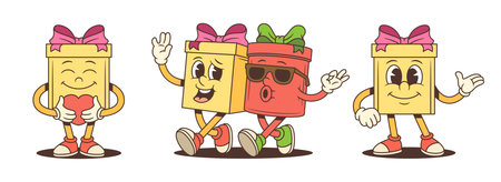 Three charming cartoon gift box characters mascot vector illustration set. Showing hugging pair holding heart and welcoming gesture. Sweet poses for advertising promotion friendship theme. Lovely friendly collectionのイラスト素材