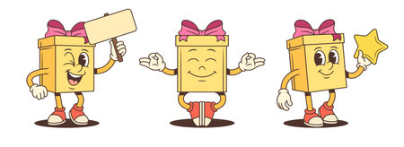 Three cartoon gift box characters mascot vector illustration set. Holding sign meditating pose and holding gold star. Varied poses for advertising promotion wellness theme Balanced engaging collectionのイラスト素材