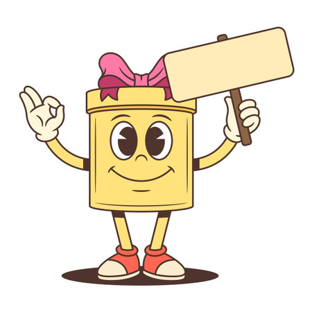 Cheerful cartoon gift box mascot vector illustration. Yellow present with pink bow, holding blank plaque, giving OK gesture. Ideal for advertising, sales, greeting cards, and emoji. Festive conceptのイラスト素材