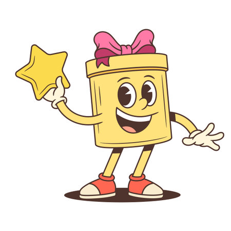 Cheerful cartoon gift box character mascot vector illustration. A yellow present holding a golden star symbolizing rating. Perfect for advertising, customer feedback, and promotional materialsのイラスト素材