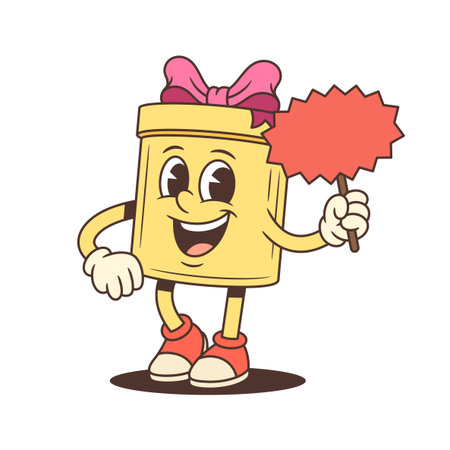 A cheerful cartoon gift box character mascot vector illustration. Friendly yellow present with a pink bow holds a blank red sign for promotions. Ideal for advertising campaigns, seasonal salesのイラスト素材