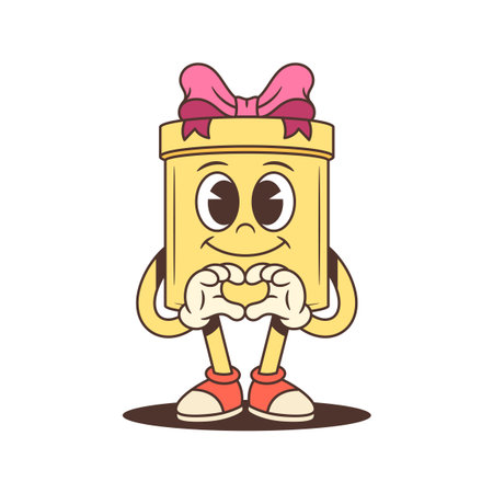 A cheerful cartoon gift box character mascot vector illustration. The smiling yellow box with a pink bow forms a heart with its hands. Perfect for friendship, love, and holiday themesのイラスト素材
