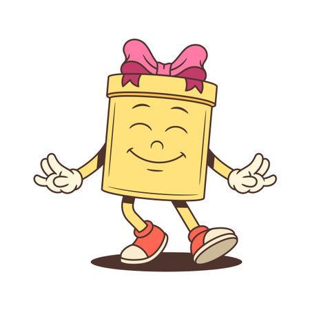 Delighted cartoon gift box character mascot squeezing eyes shut with pure joy and pink bow. Happy vector illustration for advertising promotion celebration positive emotion. Cheerful comic styleのイラスト素材