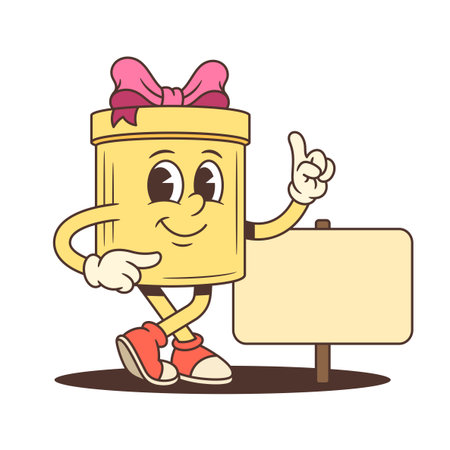 Playful cartoon gift box character giving thumbs up and pointing at blank sign. Cheerful mascot for advertising and promotion. Flat vector illustration in retro style. Festive, surprise, holiday conceptのイラスト素材