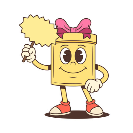 Playful cartoon box character with a pink bow holds a blank sign. Friendly mascot vector illustration for advertising, promotion, and festive holiday design. Perfect for Christmas and sale conceptsのイラスト素材