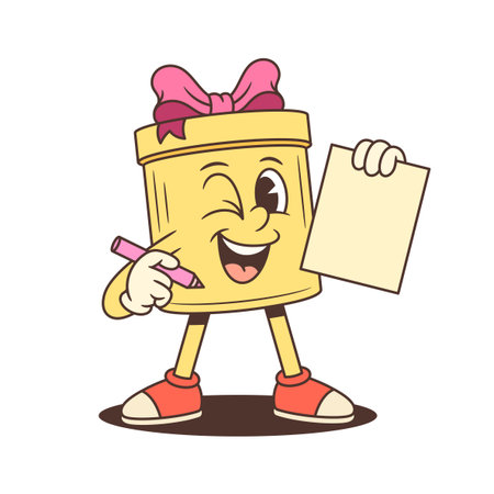 Cheerful cartoon gift box character holding a pink pencil and paper. Winking mascot vector illustration for advertising, greeting cards, and holiday promotions. Perfect for birthday and sale conceptsのイラスト素材