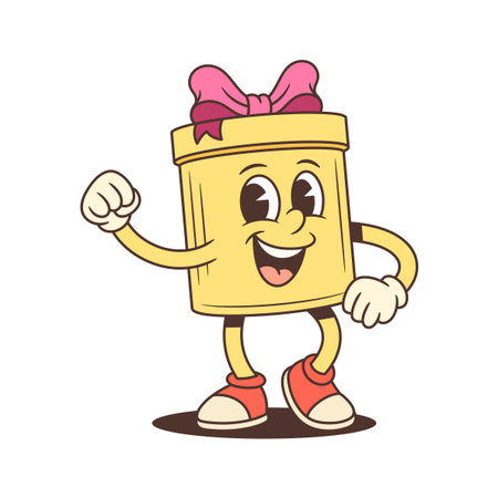 Joyful cartoon gift box character mascot vector illustration. Yellow present with a pink bow celebrates with a raised fist. Perfect design for advertising, promotions, and festive greetingsのイラスト素材