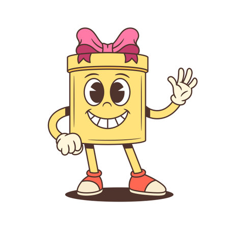 Joyful cartoon gift box character mascot vector illustration. Waving with pink bow. Perfect for advertising mascot, festive promotion, holiday emoji, birthday greeting and loyalty programのイラスト素材