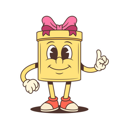 Joyful yellow gift box cartoon character mascot vector illustration. Waving with one hand and holding blank advertisement sign wearing red sneakers. Perfect for seasonal promotionsのイラスト素材