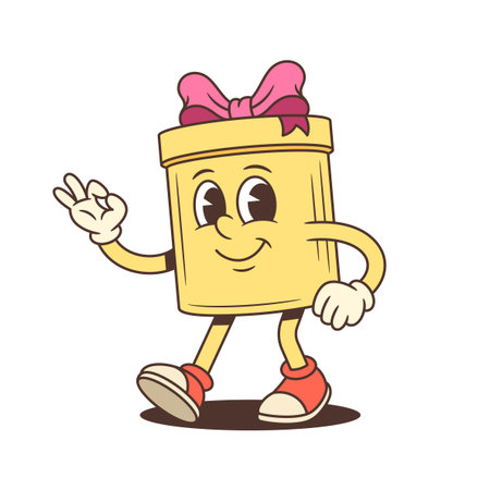 Cheerful cartoon gift box character mascot vector illustration. Winking with an ok hand sign, pink bow, and red sneakers. Festive holiday birthday present concept for advertising and promotionのイラスト素材