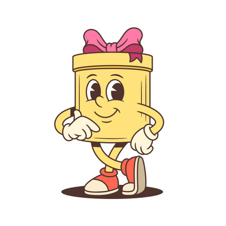 Friendly cartoon gift box character mascot smiling with hand on chin and pink bow. Contemplative vector illustration for advertising promotion greeting card concept. Playful comic artのイラスト素材