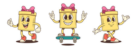 Playful cartoon gift box characters vector illustration set. Featuring thinking pose dancing joyfully and holding blank placard. Versatile expressions for advertising promotion communicationのイラスト素材
