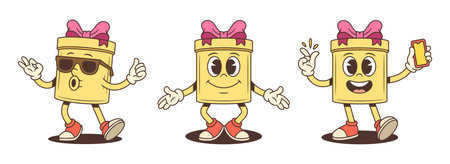 Three cartoon gift box characters vector illustration set. Showing OK gesture with sunglasses spreading arms and holding smartphone. Modern poses for advertising promotion digital themeのイラスト素材