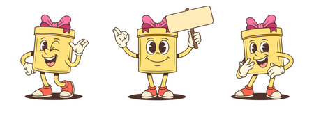 Three lively cartoon gift box characters mascot vector illustration set. Waving with wink holding blank sign and laughing joyfully. Emotional poses for advertising promotion communication themeのイラスト素材