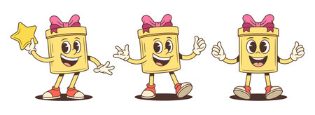 Three encouraging cartoon gift box characters mascot vector illustration set. Holding gold star giving thumbs up and inviting gesture. Supportive poses for advertising promotion recognition themeのイラスト素材