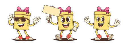 Three cartoon gift box characters mascot vector illustration set. Wearing sunglasses OK gesture holding blank sign and thumbs up. Confident poses for advertising promotion approval themeのイラスト素材