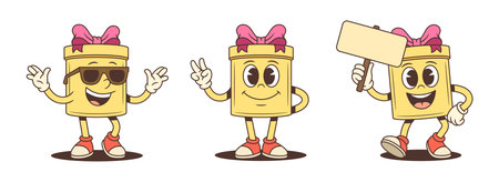 Three cartoon gift box characters mascot vector illustration set. Greeting with sunglasses victory sign and holding price tag. Commercial poses for advertising promotion retail themeのイラスト素材