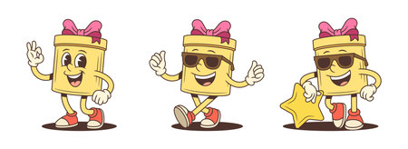 Three self-assured cartoon gift box characters mascot vector illustration set. Showing OK gesture with sunglasses thumbs up and gold star. Achievement poses for advertising promotion success themeのイラスト素材