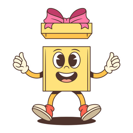 Animated cartoon gift box character mascot vector illustration. Yellow present with flying pink lid gives enthusiastic thumbs up gesture. Perfect for grand openings and special announcementsのイラスト素材