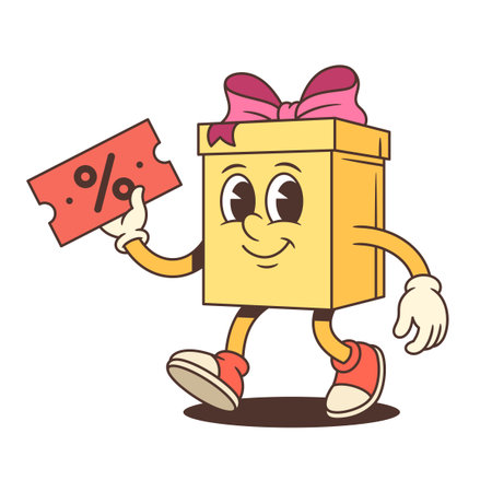 Friendly cartoon gift box character mascot vector illustration. Yellow present with pink bow holds percentage discount coupon while giving thumbs up approval. Perfect for sales promotionsのイラスト素材