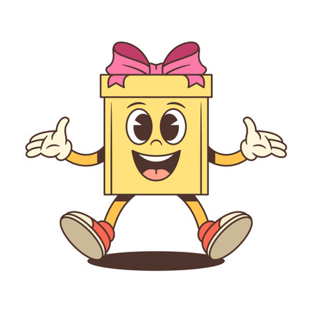 Energetic cartoon gift box character mascot vector illustration. Yellow present with pink bow jumps joyfully with outstretched arms. Perfect for celebrating themes and enthusiastic promotionsのイラスト素材