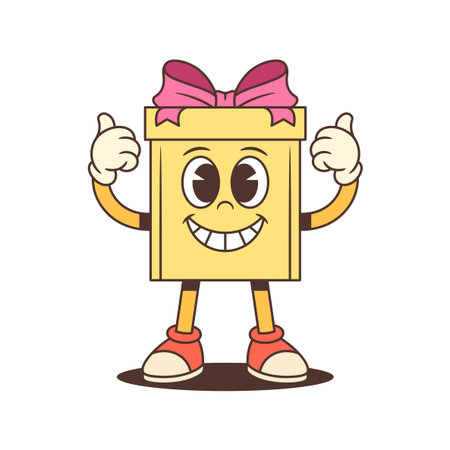 Cheerful cartoon gift box character mascot vector illustration. Yellow present with pink ribbon makes double OK hand gestures. Perfect for approval messages and positive feedback campaignsのイラスト素材