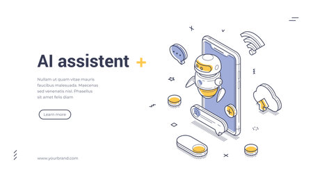 AI assistant and artificial intelligence technology banner with friendly robot and smartphone. Modern chatbot and automation template for website landing page. Isometric web banner vector template.のイラスト素材
