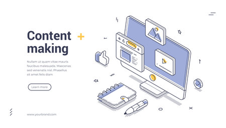 Content creation and digital multimedia production banner with monitor and editing tools. Modern online publishing template for website landing page. Isometric web banner vector templateのイラスト素材