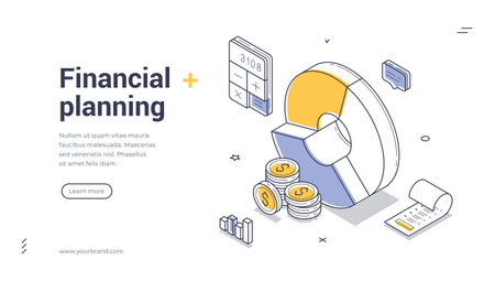 Financial planning and money management strategy web banner with calculator coins and charts. Investment analytics template for website page and UI UX design. Isometric web banner vector templateのイラスト素材