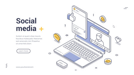 Social media and digital online engagement web banner with laptop smartphone and notifications. Modern networking communication for website page and UI UX design. Isometric web banner vector templateのイラスト素材