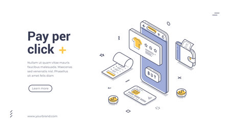 Pay per click advertising and digital marketing campaign with smartphone analytics graphs and payment elements. Modern isometric web banner vector template for website, app, ui, ux, landing pageのイラスト素材