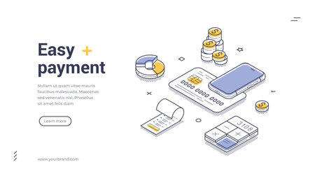 Easy payment and online fintech concept with smartphone credit card coins and calculator. Modern isometric web banner vector template for website app ui ux hero header and landing pageのイラスト素材