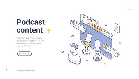 Podcast content and audio streaming concept with smartphone microphone headphones and sound waves. Modern isometric web banner vector template for website app ui ux hero header and landing pageのイラスト素材