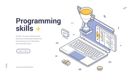 Programming skills and coding tech education concept with laptop code editor trophy cup and learning elements. Modern isometric web banner vector template for developer courseのイラスト素材