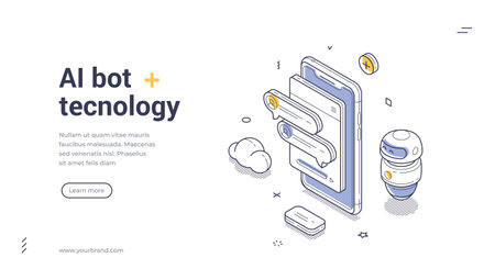 AI bot and artificial intelligence technology concept with smartphone interface robot data clouds and code. Modern isometric web banner vector template for tech innovationのイラスト素材