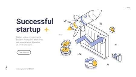 Successful startup business growth and technology development concept with rocket analytics graph and coins isometric web banner vector template for website application ui ux designのイラスト素材