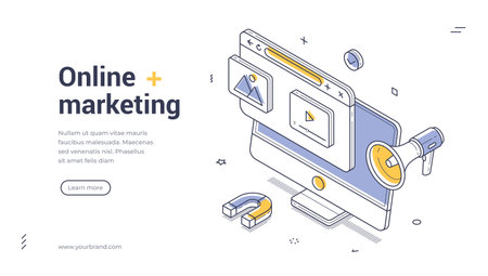 Online marketing digital strategy social media analytics and advertising concept with computer browser megaphone and magnet isometric web banner vector template for website applicationのイラスト素材