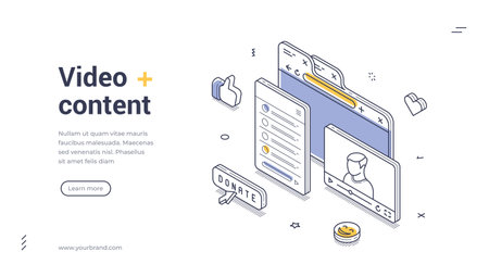 Video content creation digital media streaming and online interaction concept with screens player donation button and likes isometric web banner vector template for website applicationのイラスト素材