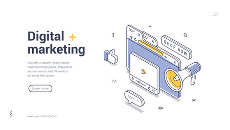 Digital marketing concept for social media growth, online advertising, and promotion strategy with smartphone, and graphs. Modern isometric web banner vector template for website and applicationのイラスト素材