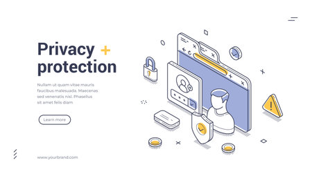 Privacy protection concept for cybersecurity, data security, and digital safety with computer, lock, and shield icons. Modern isometric web banner vector template for website and applicationのイラスト素材