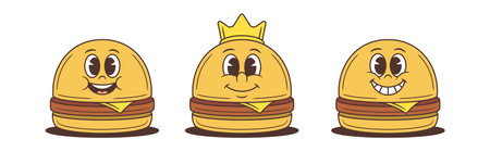 Set of three cheerful cartoon hamburger characters with cheese and patty. Various expressions and poses for mascot design. Playful vector illustration in comic style for fast food branding and emoji.のイラスト素材
