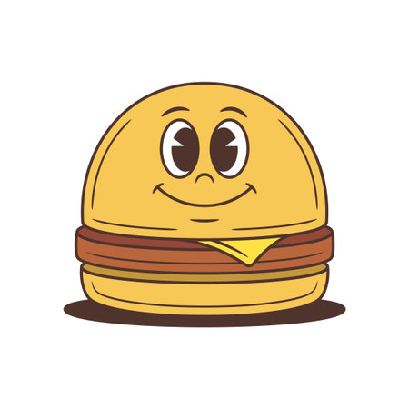 Friendly hamburger character with big shiny eyes and melted cheese between golden buns. Cheerful food mascot vector illustration perfect for advertising and kids branding projectsのイラスト素材