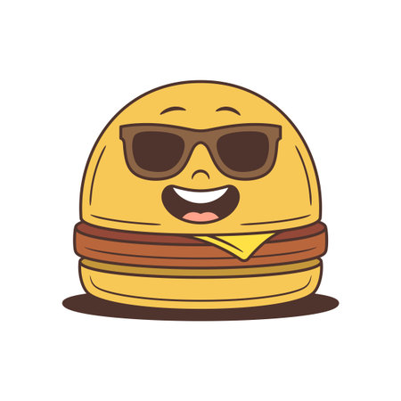 A cheerful cartoon hamburger character with sunglasses and a friendly smile. Perfect mascot for fast food branding. Vector illustration ideal for advertising, emoji, and kids productsのイラスト素材