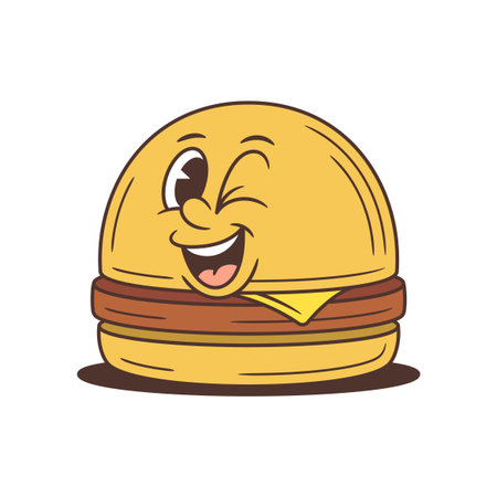 Playful cartoon burger character wining with a cheerful smile. This mascot vector illustration features melting cheese and a juicy patty. Perfect for food branding and advertising projectsのイラスト素材